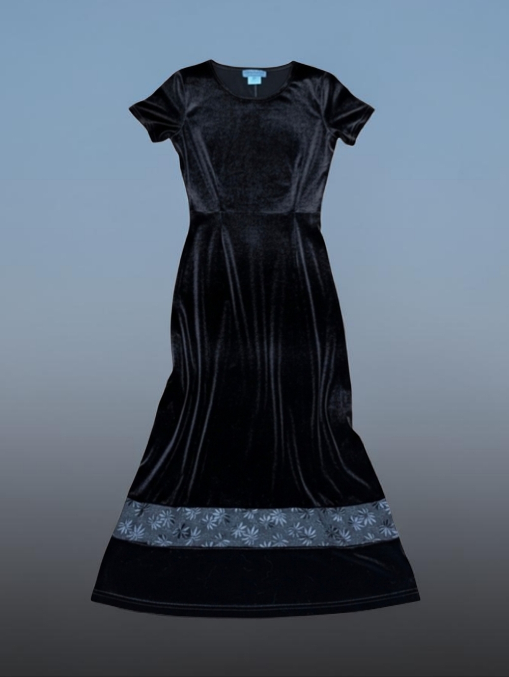 Vtg Chocolate Brown Stretchy Velvet Maxi Dress Satin Floral Sheer Border Sz 6